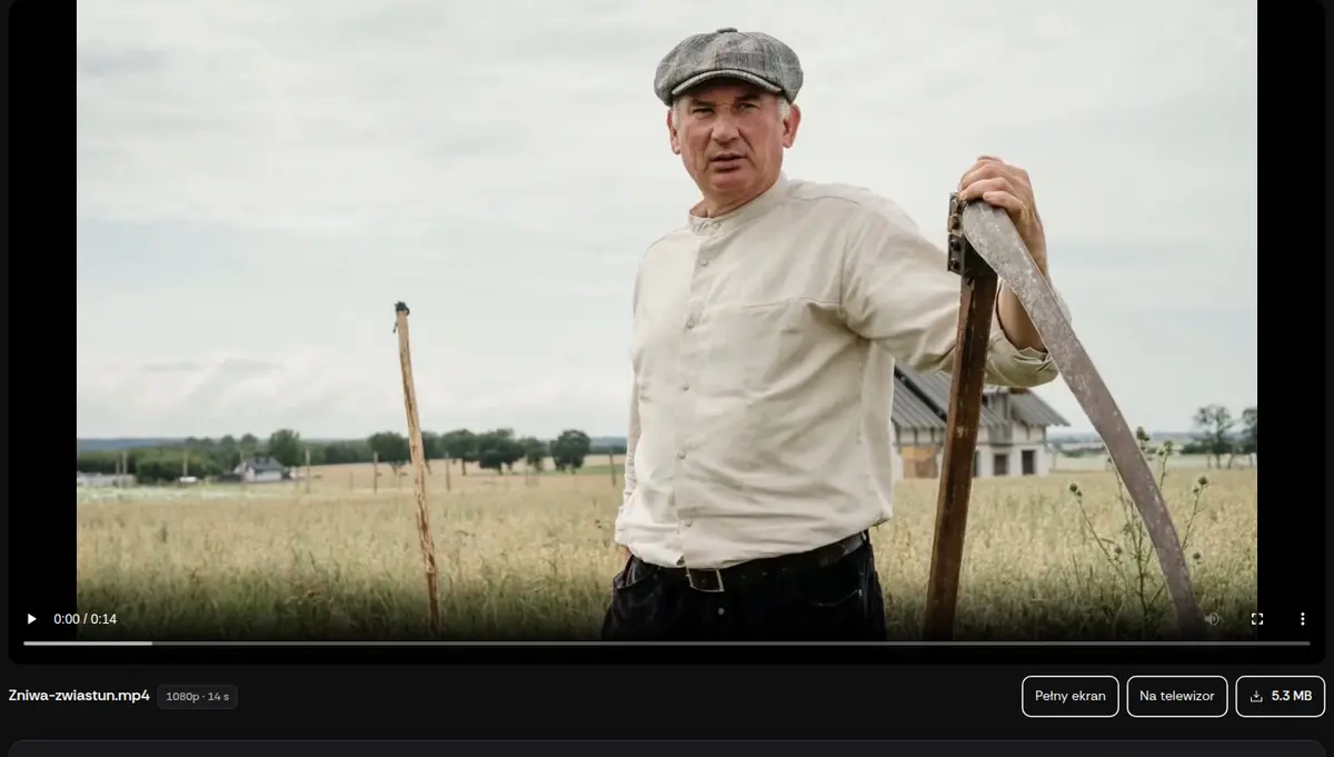 Film w galerii klienta: odtwarzacz, etykieta jakości i przyciski Pełny ekran, Na telewizor, pobieranie