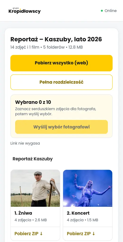 Galeria na telefonie: foldery i przyciski pobierania